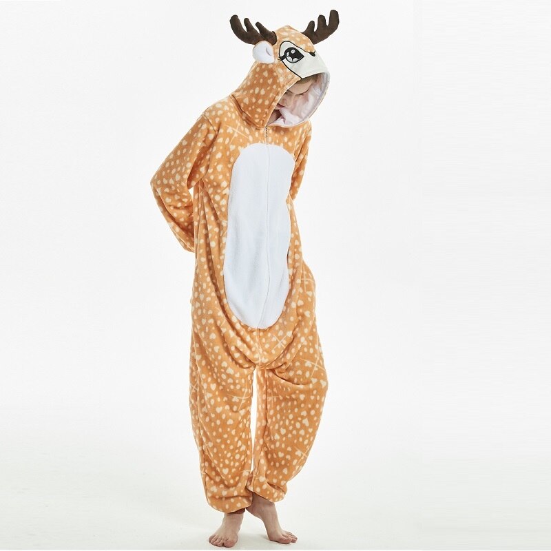 Kigurumi-Pijama con capucha de ciervo para hombre y mujer, pijama de una sola pieza, de franela, cálido, animal, para adulto, kugurumi