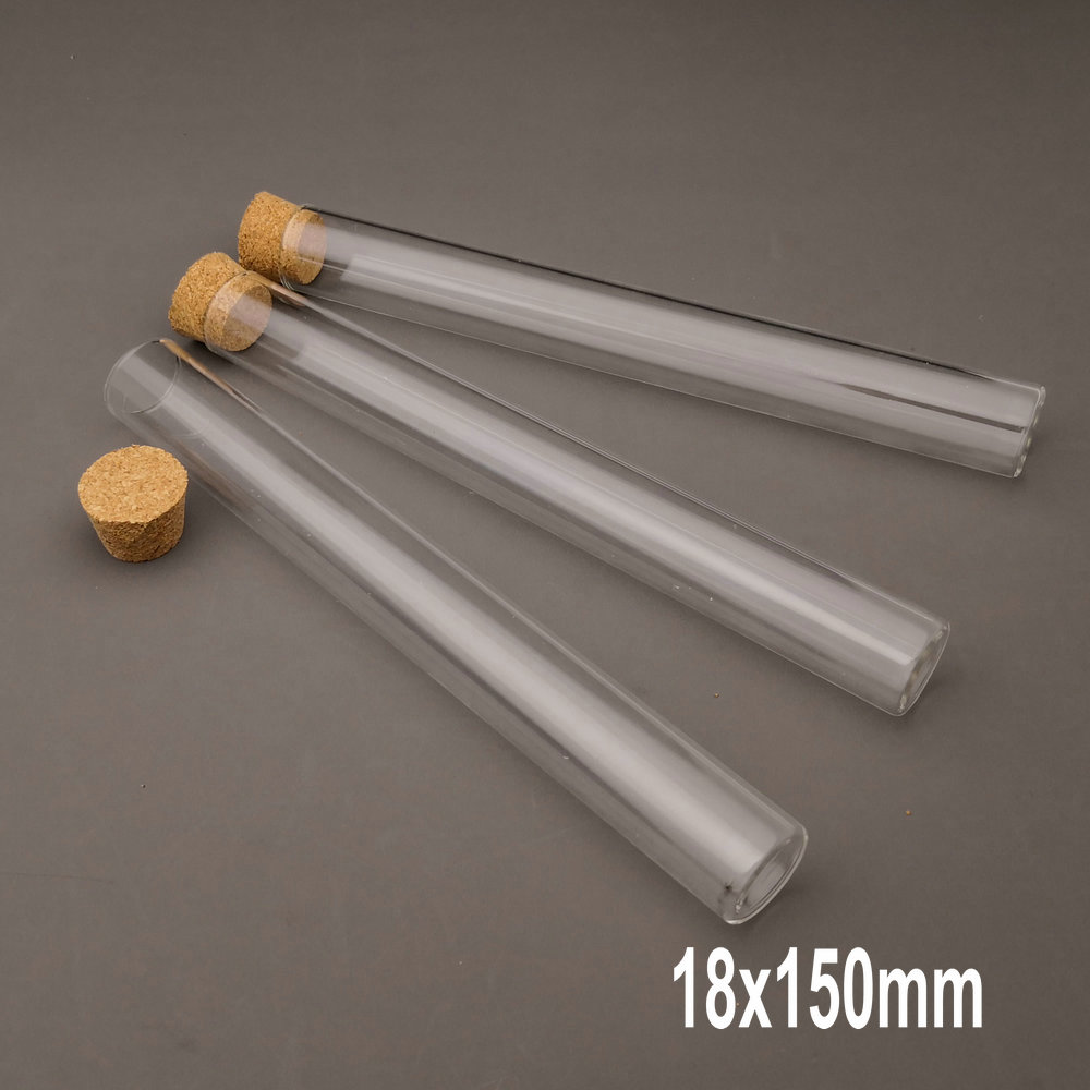 Tubo de ensayo de vidrio transparente para laboratorio, contenedor de Vial de fondo plano con tapones de corcho, diámetro de 12mm, 13mm, 15mm y 18mm, 20 unids/lote