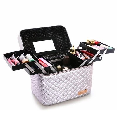 Kvinder stor kapacitet makeup arrangør toiletartikler kosmetik taske flerlags opbevaringsboks bærbar smuk kuffert