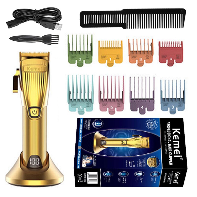 Maquinilla de peluquería , cortadora de pelo potente, recargable, temporizador, Máquina para cortar Cabello, pantalla LCD, batería de litio dorada: with box