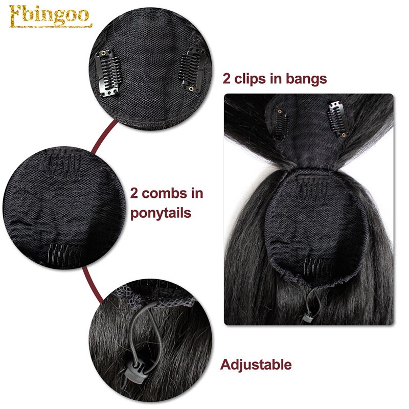 Ebingoo 1b Peluca de cola de caballo recta larga Clip de pelo con flequillo lateral negro sintético suave resistente al calor Futura Peluca de pelo 22"