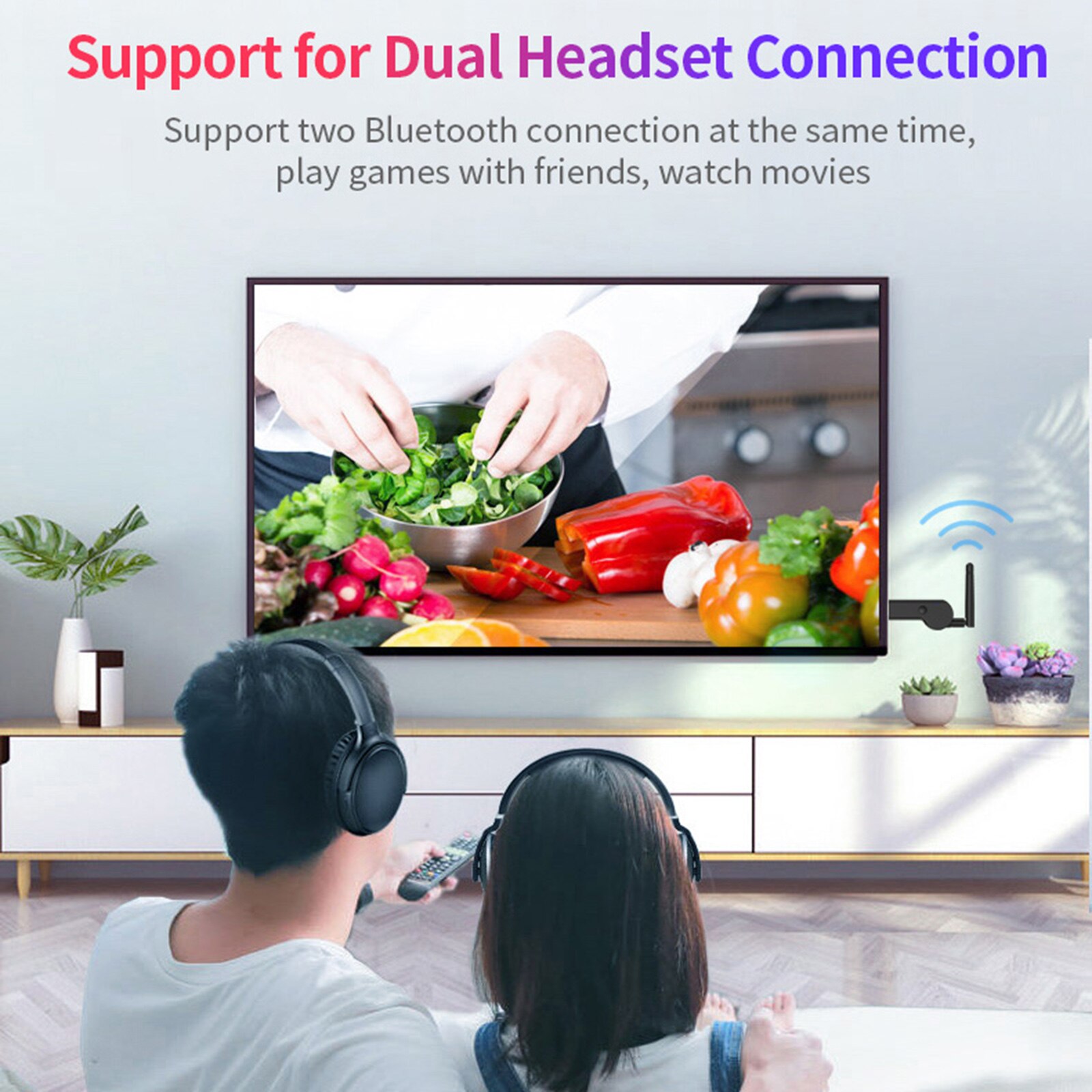 USB Bluetooth Audio Adapter For PC TV BT5.2 Audio Transmitter Adapter With External Antenna Supports Two Headphone Connection