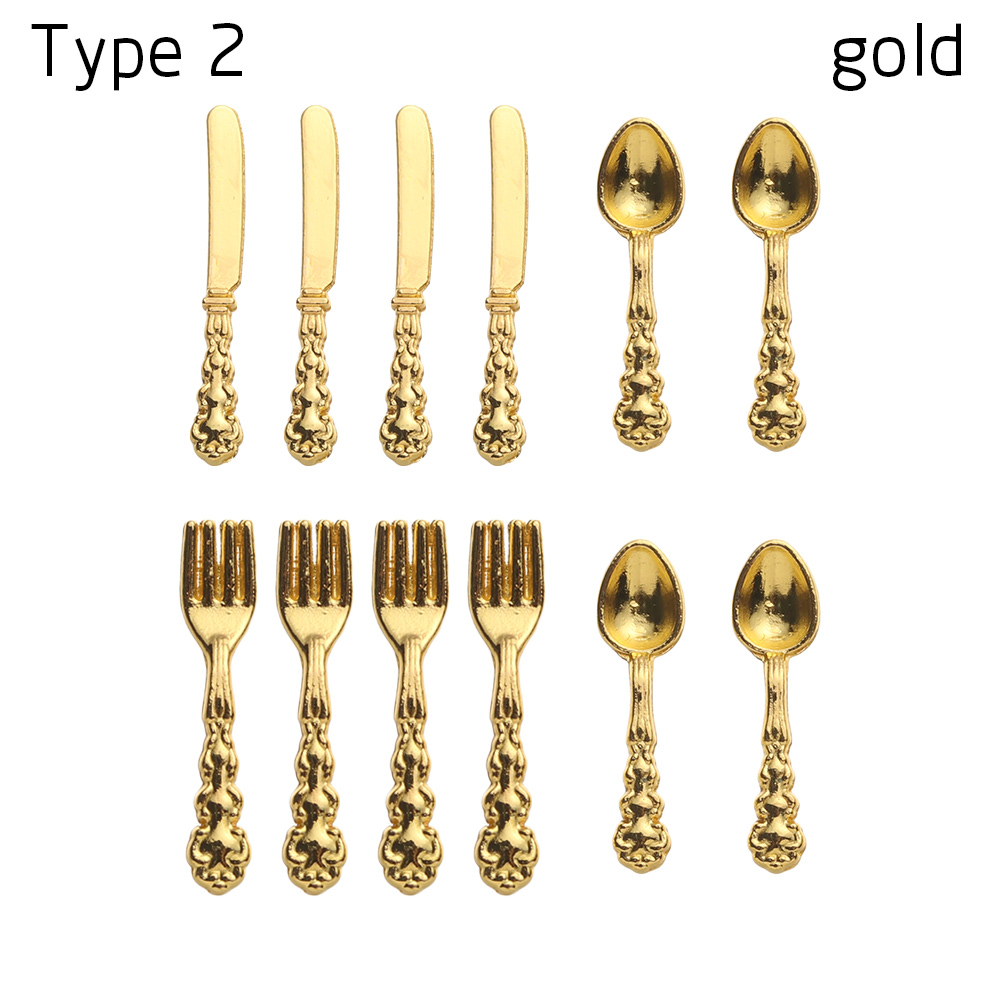 12Pcs Simulation Mini Cutlery Set Dollhouse Furniture 1:12 Scale Fork Knife Spoon Miniature Tableware Doll Accessories: Type 2 - gold