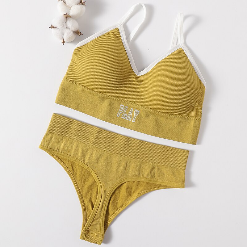 Conjunto de Sujetador deportivo sin costuras para mujer, tangas sexys de tiro alto, bragas sin aros, ropa interior cómoda, lencería femenina: Oro / L