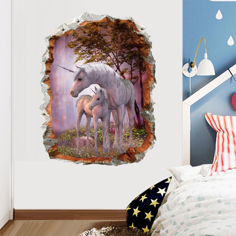 3D Unicorn Wall Stickers Living Room Bedroom Children's Room Wallpaper Decorative Painting Green Wallpaper Sticker Mural