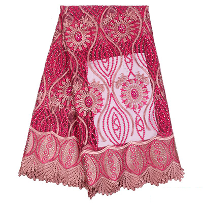 Franska paljetter spetstyg afrikanskt handgjort pärlstav tyll spetstyg nigerianskt broderat bröllopstyg: Rosa