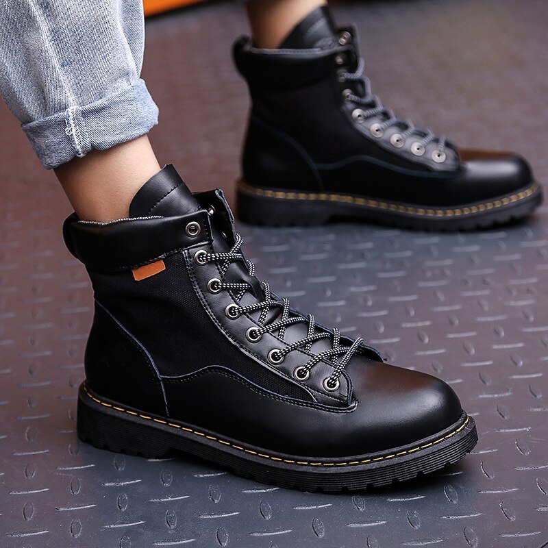 Mężczyźni buty jednolity kolor wygodne sznurowane mężczyźni Martin buty męskie buty wytrzymała podeszwa buty Casual buty w brytyjskim stylu obuwie: black / 39