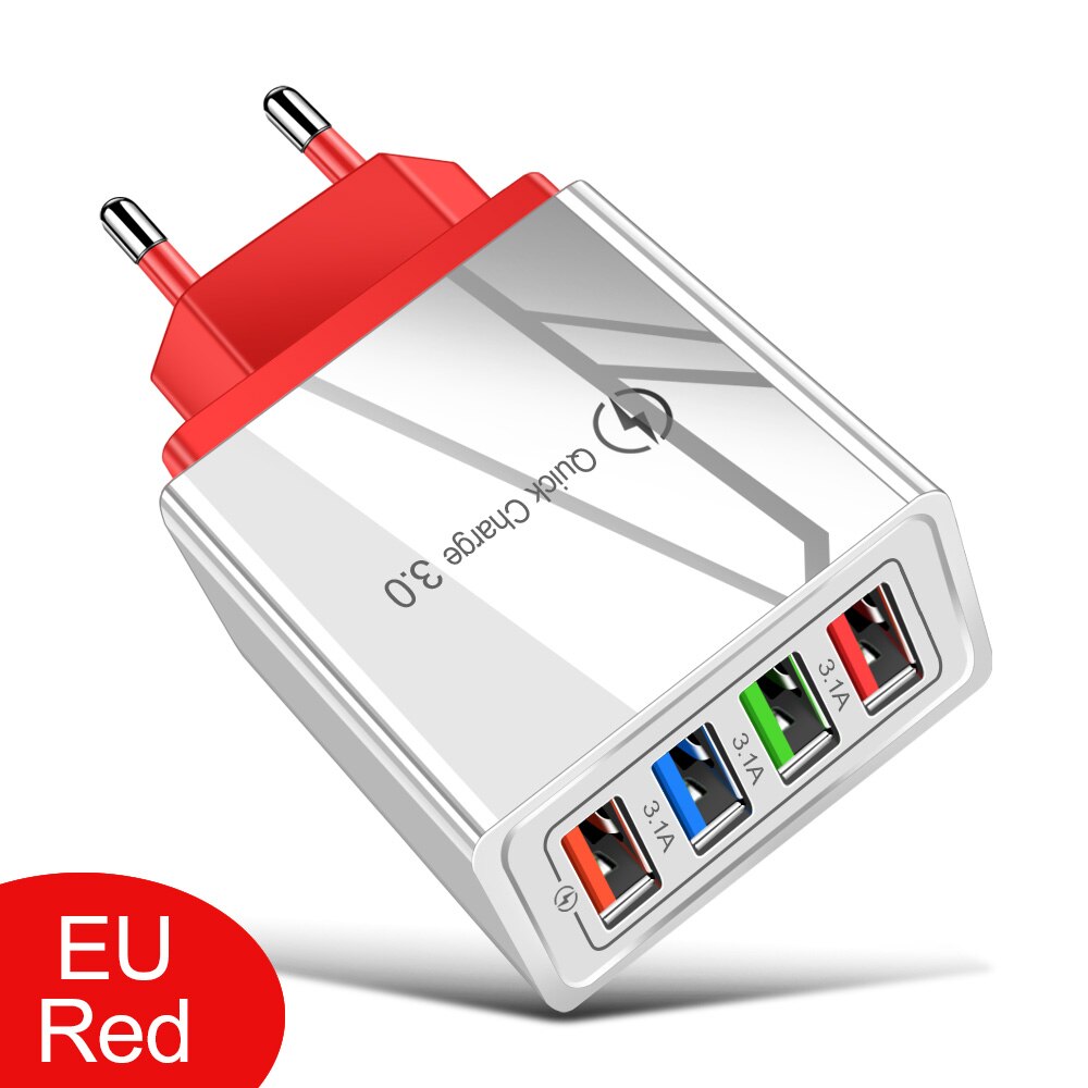 For iPhone Charger Quick Charge 3.0 Fast Charging Adapter USB Charger For Samsung S10 Plus Xiaomi 4 Ports Mobile Phone Chargers: US Plug / Red