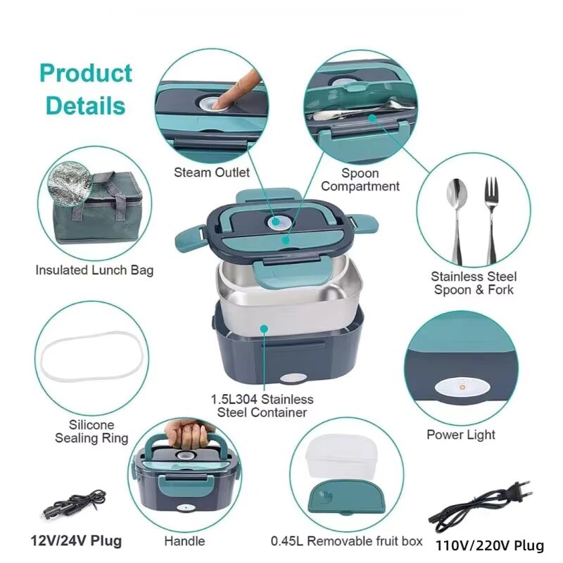 Contenitore per scaldavivande portatile Contenitore per il pranzo elettrico in acciaio inossidabile per fabbrica di uffici domestici per camion per auto 110 V//220 V