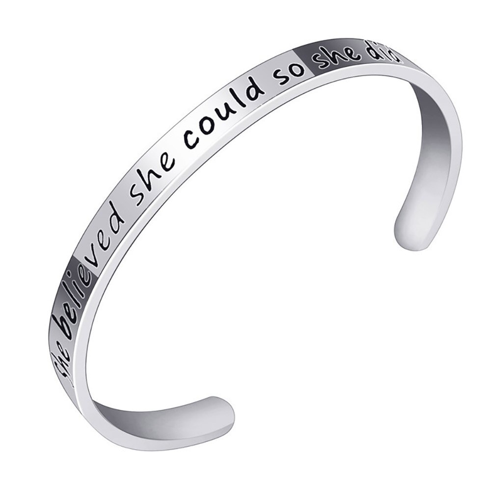 FINE4U B433 Inspirational Bracelet Cuff Bangle for Best Friend Sister Mantra Quote Stainless Steel Engraved Motivational Jewelry: Steel