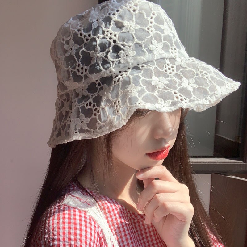 Newly Women Lace Hat Soft Lace Flower Wide Brim Sun Hats Floppy Hollow Fisherman Hats Bucket Hat