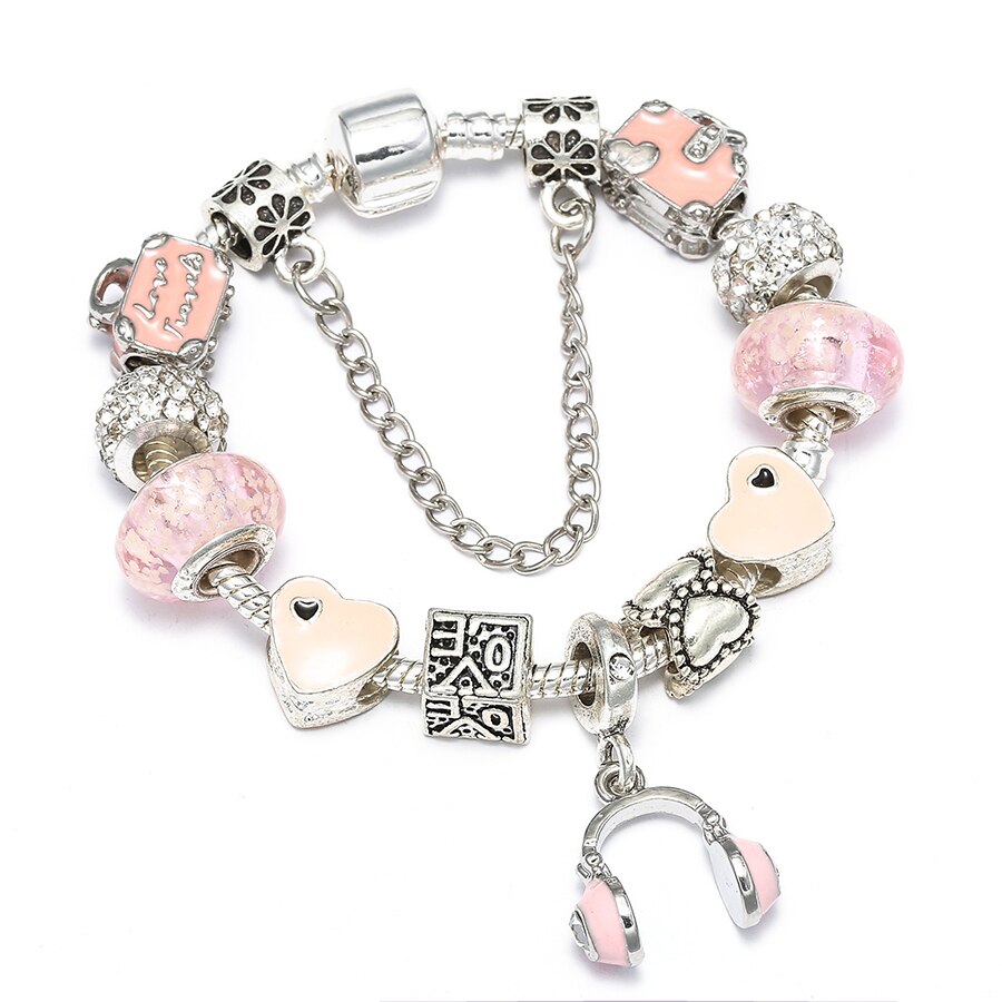 Seialoy Roze Koptelefoon Charm Armbanden Voor Vrouwen Meisje Originele Crystal Roze Reistas Hart Kralen Armband Bangle Sieraden