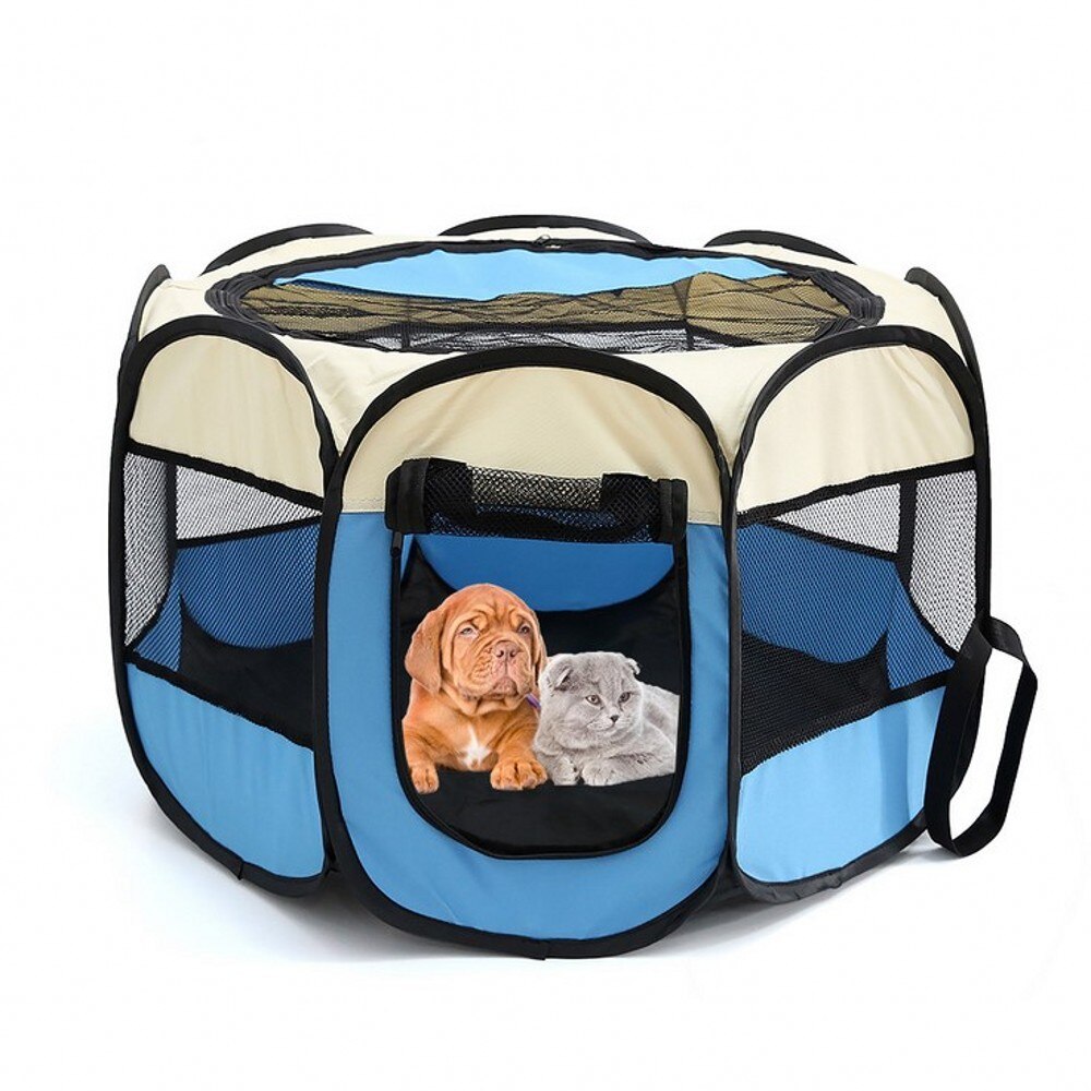 Portable Outdoor Dog Kennels Fences Pet Tent Folding Dog House Cage Dog Cat Tent Playpen Puppy Bed Waterproof Pet Fence: Beige Blue / 91x91x58cm