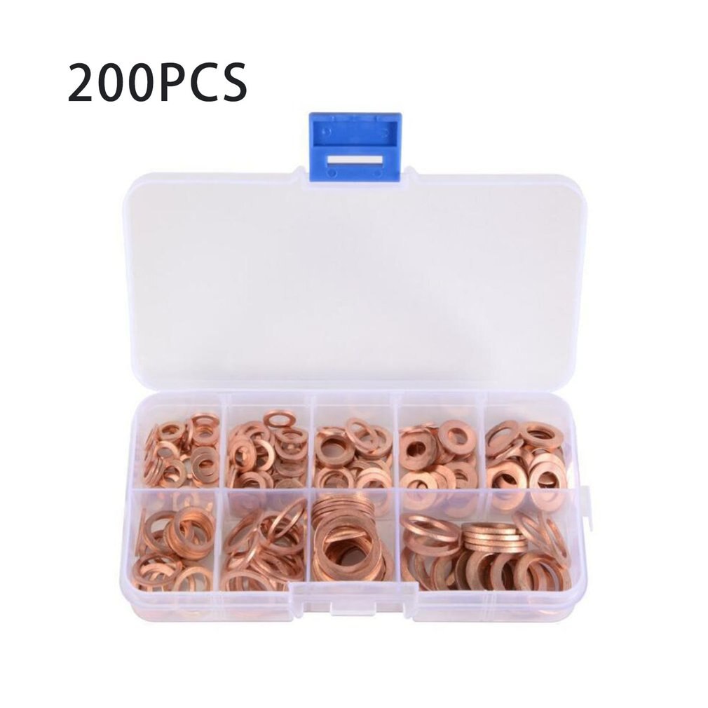 200Pcs M5-M14 Assorted Solid Copper Gasket Washer Seal Flat Ring High Performance Oil Blocking O-ring Combination