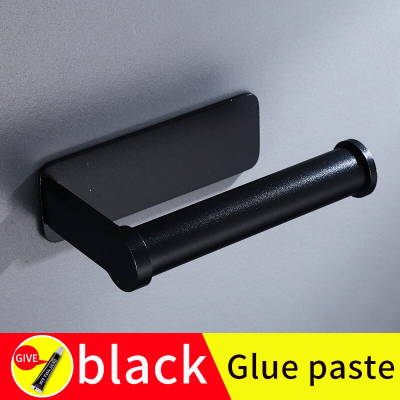 toilet paper holders black Wall mounted screw free installation Bathroom paper roll stand dispenser kitchen tissue roll holder: A-black(glue paste)