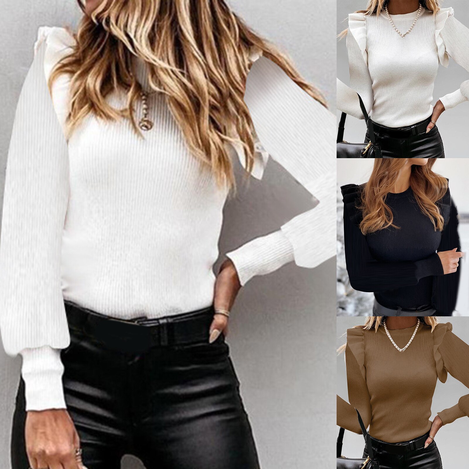 Vrouwen Herfst Winter Lange Puff Mouwen Slim Geribbelde Trui Ruche Basic Truien Trui Ruche Basic Truien Trui Ruche B