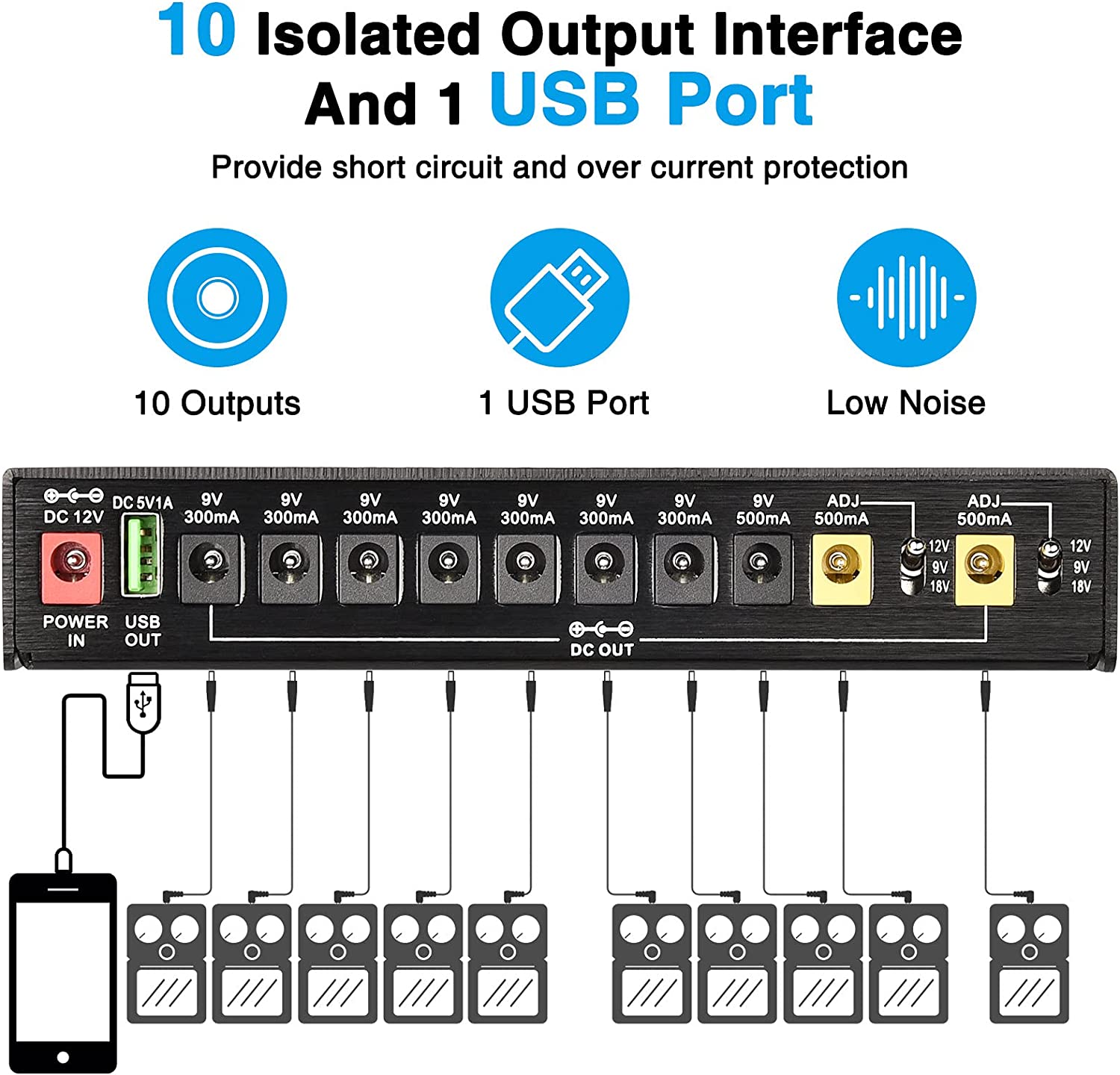 Mosky iso -10 guitar effektpedal strømforsyning dc udgange / 5v usb 18v til 9v 12v guitar effektprocessorer strømforsyning