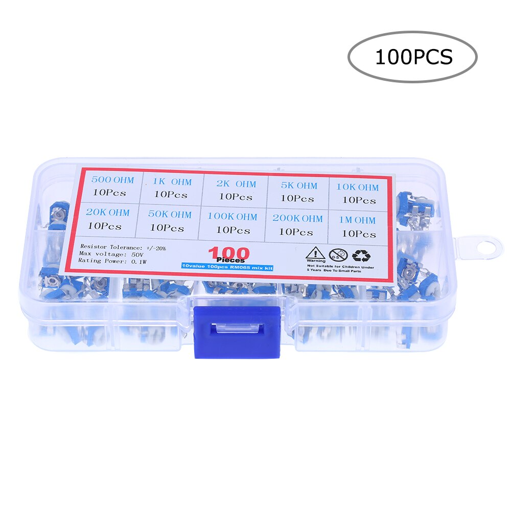 100 st 10 värden 500 ~ 1m ohm variabelt motstånd 6mm potentiometer  rm065 förinställda kolfilm horisontell trimmerpotentiometer
