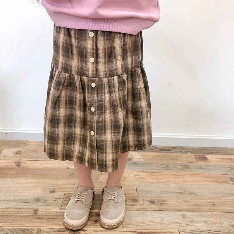 Børnetøj bomuld plaid halv nederdel forår skotsk knap lange nederdele piger plisseret bomuld spædbørn tøj: Brun / 4t