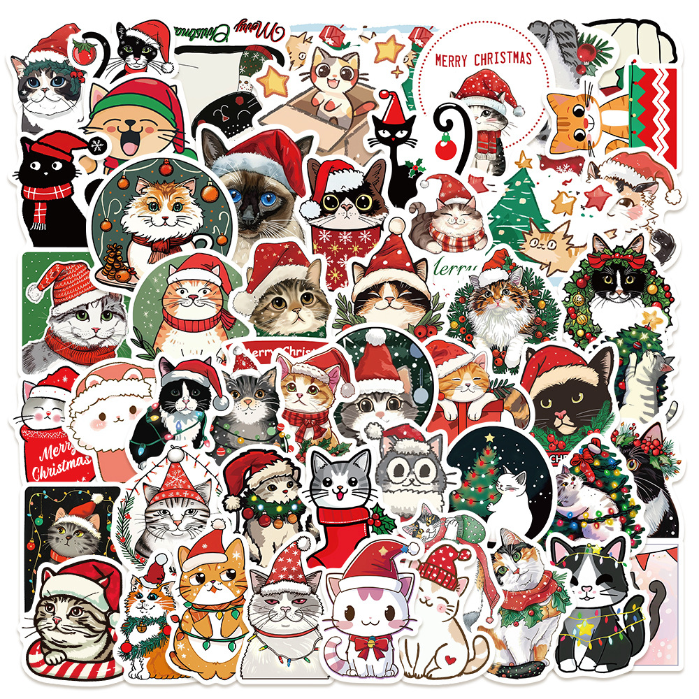 50PCS Cute Christmas Cat Stickers Cat Meme DIY Sticker Scrapbooking Phone Luggage Skateboard Waterproof Decal: Default Title