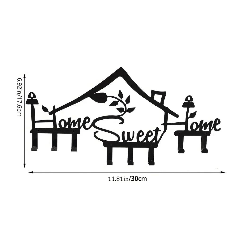Black Metal Keychain Hook, Sweet Home Wall Hanging for Front Door Kitchen Bedroom Home Decor Metal Artwork: Clear