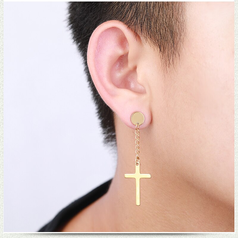 Punk Cross Stud Earrings For Men Women Black/Steel/Gold Chain Pendant Tassel Earrings Unisex Earrings Jewelry