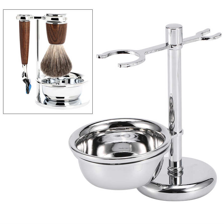 Kit de afeitado de lujo, brocha de acero inoxidable y soporte de seguridad para maquinilla de afeitar con tazón para jabón