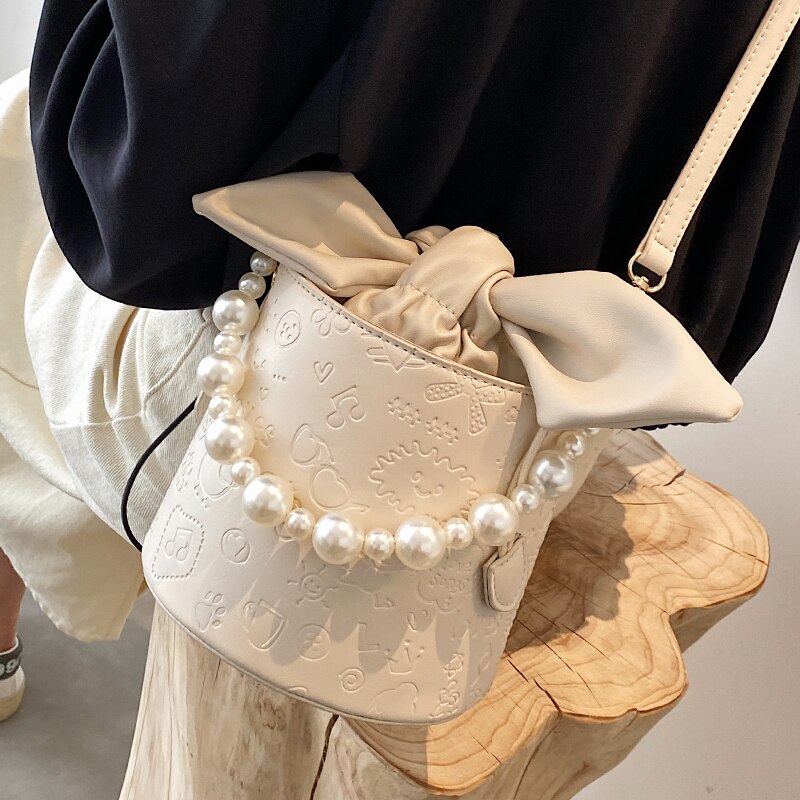 THREEPEAS PU Leather Shoulder Bucket Bag Women Girls Purses and Handbags Pearl Female Shoppers
