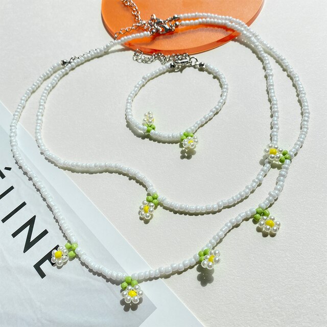 Dvacaman Korean Trendy Colorful Little Daisy Flower Beaded Necklace for Women Boho Acrylic Bead Clavicle Necklace Choker Jewelry: set7