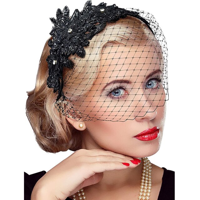 Hvidt pandebånd slør strass hårspænde til brude fuglebur ansigt netmaske hår tilbehør slør charmerende til bryllup fascinator: Stil -5 sort