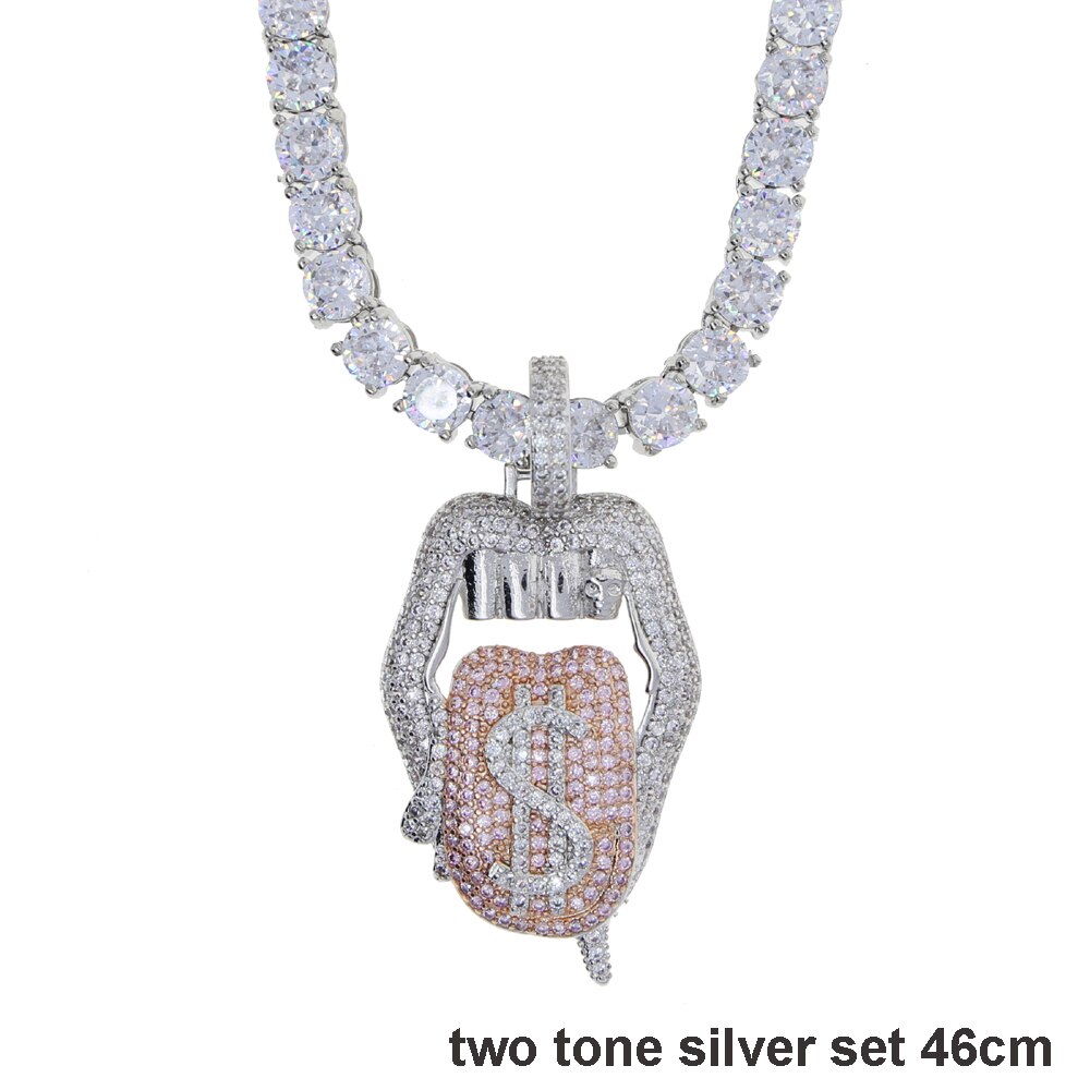 Iced out white pink mouth pendant Dollar symbol engraved hiphop bling cz pave tennis chain dripping Lip men boy necklace jewelry: two tone set 46cm