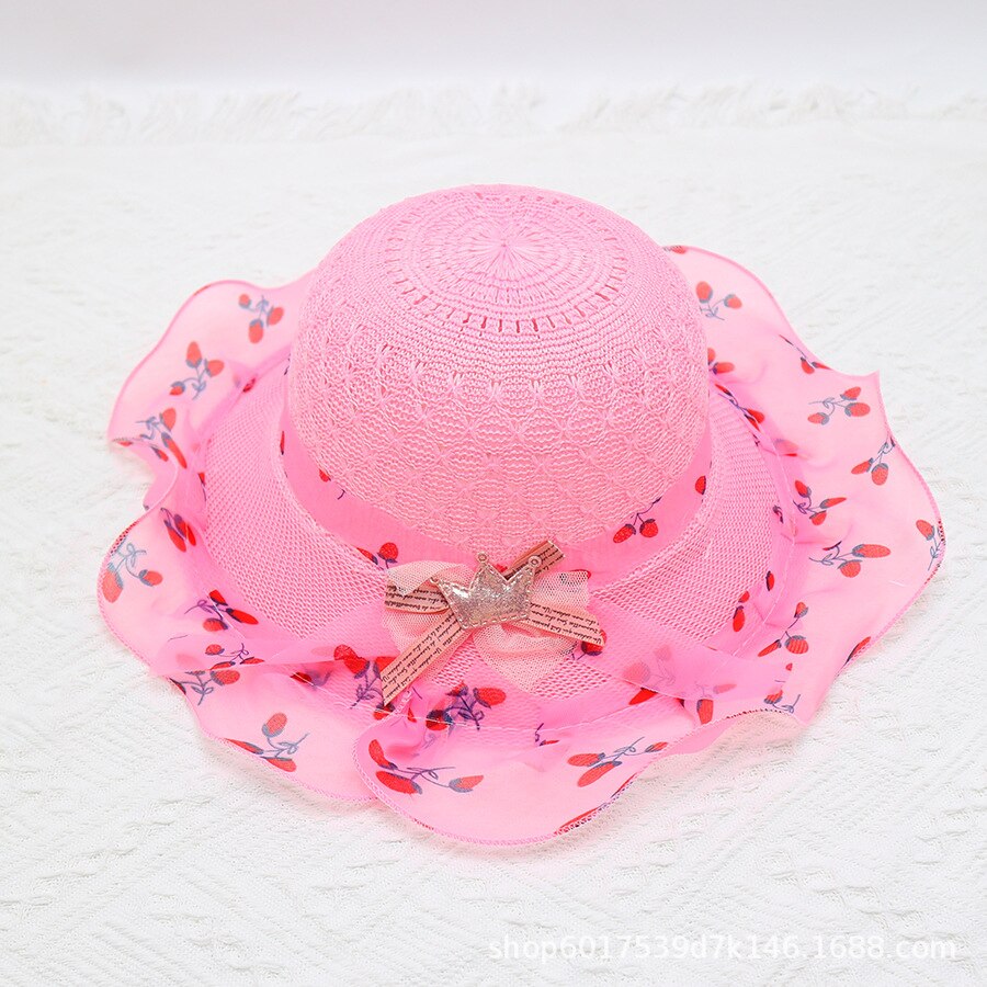 gorro niña Sombrero de paja ondulado para niña y bebé, sombrero de verano con cinta decorativa, para playa, de 1 a 8 años: Pink