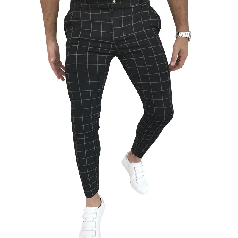 Pantalon à carreaux pour homme, pantalon moulant et extensible: M / Black