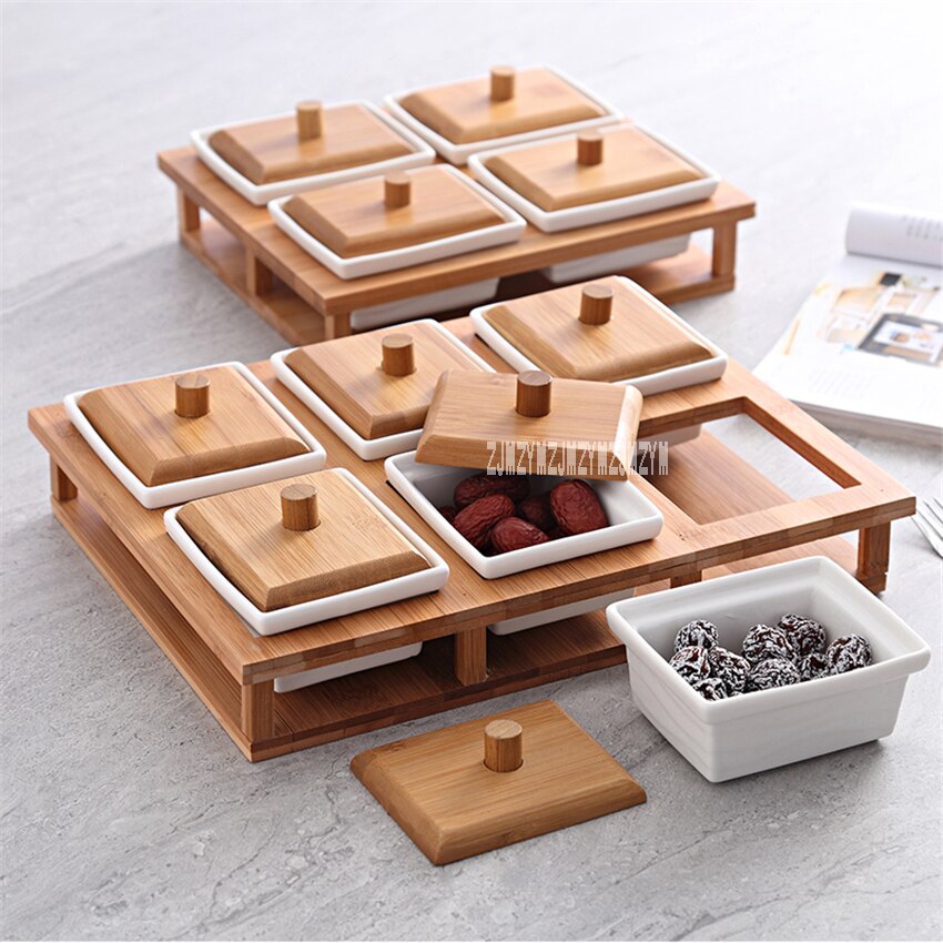 TY6525 Compartment Storage Box Dried Fruit Plate Living Room Tables Ceramic Nuts Boxes Home Food Storage Tanks With Wood Cover