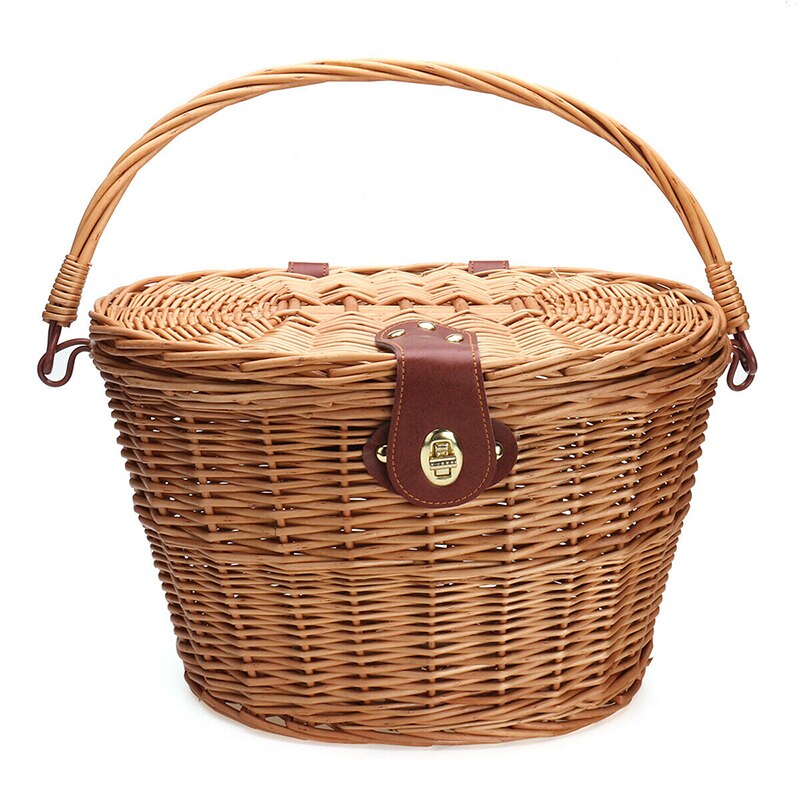 Bicycle Front Basket Wicker MTB Road Bike Basket With Leather Belt Handmade Natural Rattan Bike Storage Basket Cargo Contain