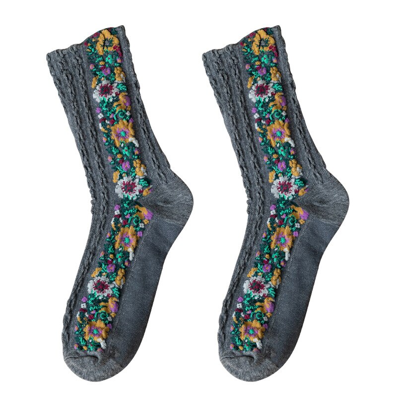 Calze da donna in stile etnico calze a tubo medio Jacquard Vintage ▾ calze da ricamo in cotone calze da donna per dormire a casa telecamera da letto femminile Sox: grigio