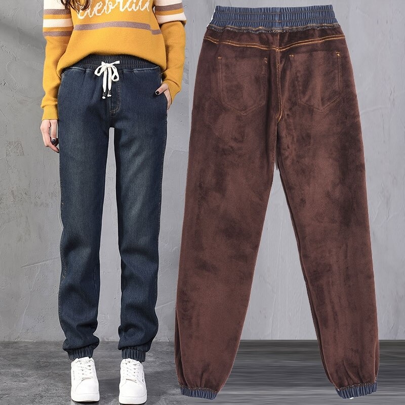 Plus velours épaissir Denim sarouel femmes automne hiver à lacets jean femme décontracté Long petit ami jean pour les femmes C6480
