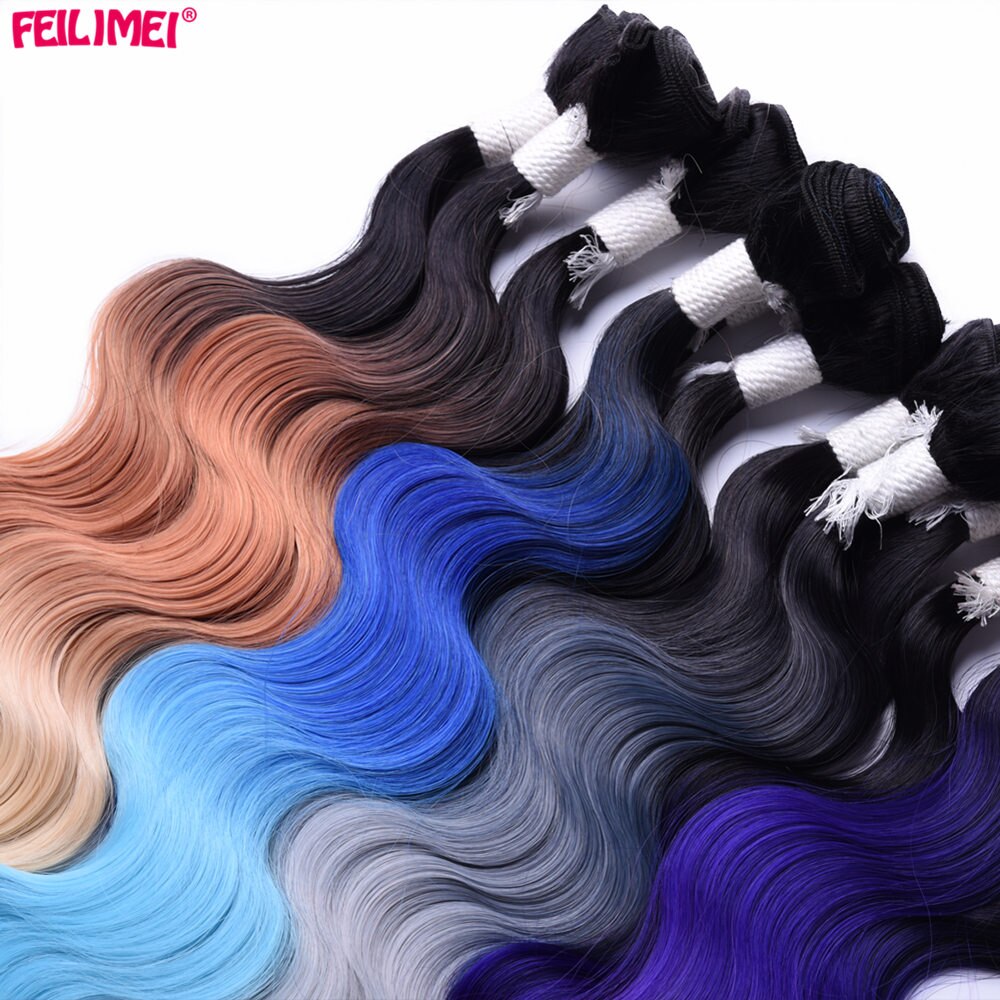 Feilimei-mechones de pelo sintético, tejido de fibra de alta temperatura, 3 tonos, Rubio degradado, gris, azul, Morado, 18 pulgadas, 20 pulgadas, 22 pulgadas