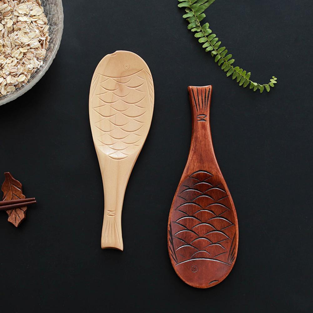 Ergonomic Handmade Rice Serving Spoon Wood Adorable Fish Shape Rice Scoop Paddle for Home Kitchen Tools