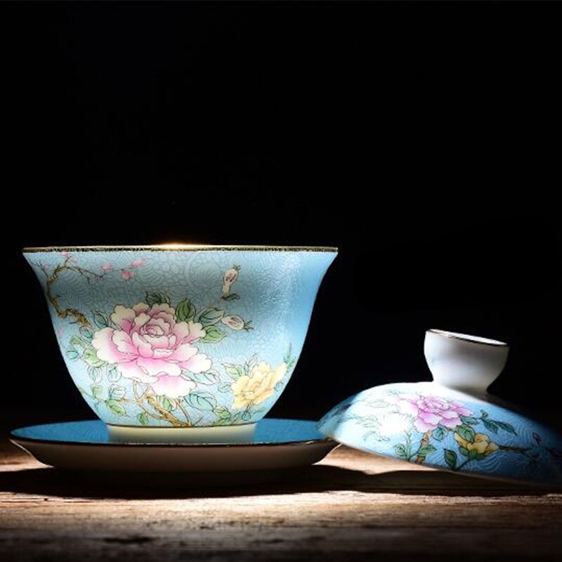Jingdezhen Ceramic Tea Tureen Hand-painted Gradient Silk Flower Cover Bowl Chinese KungFu Gaiwan Tea Cup Bowl Teaware