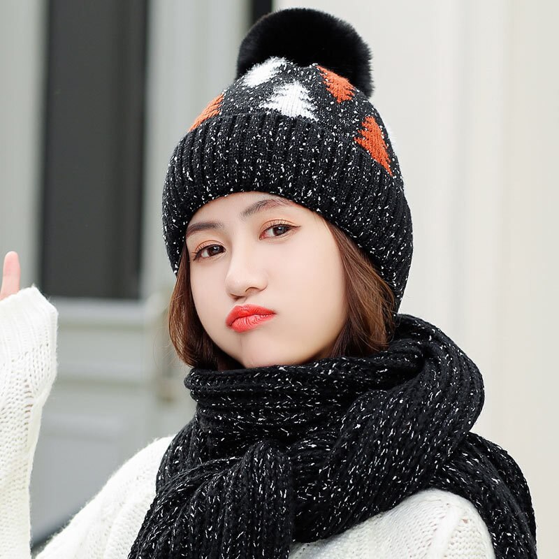 Dames winter sjaal muts set dames gebreide warme dikke roze mutsen mutsen met pompon dames effen kerstboom lange sjaals rood