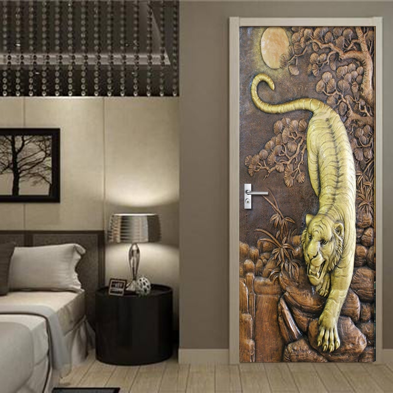 DIY Door Sticker PVC Waterproof Self-adhesive 3D Embossed Tiger Forest Wallpaper Poster Living Room Door Decor Mural 3D Decals