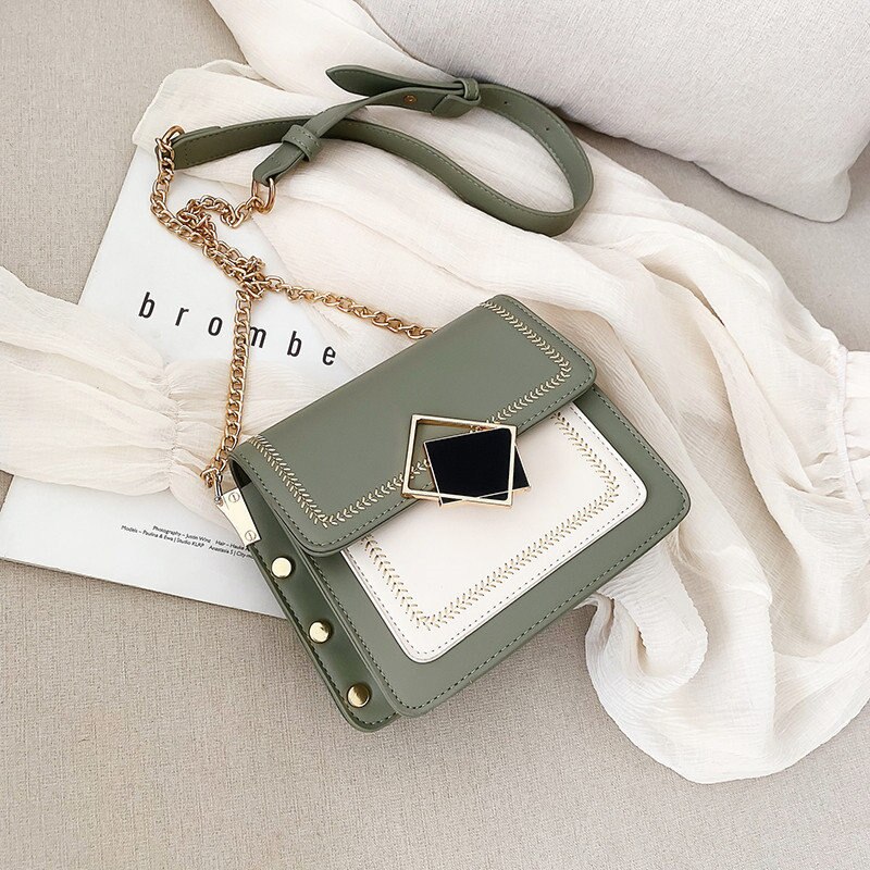 Korean style Chain Leather Crossbody Bags For Women Small Shoulder Messenger Bag Special Lock Female Travel Handbags: Green