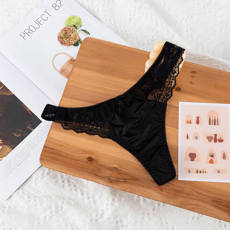Tangas sexis de estilo europeo, bragas cómodas ahuecadas a la , Tanga sin costuras de cintura baja, pantalones, bragas de encaje sexis, lencería: Negro