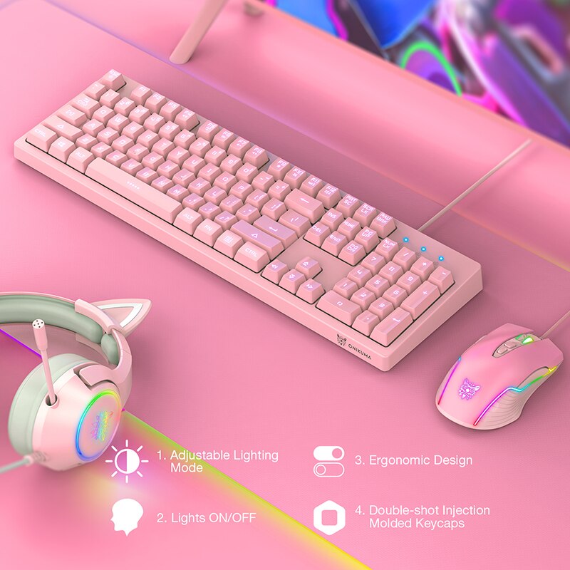 Onikuma Toetsenbord En Muis Gamer Kit Backlit Toetsenbord Roze Toetsenbord Stille Leuke Computer Gaming Muis Voor Pc Home Office Laptop