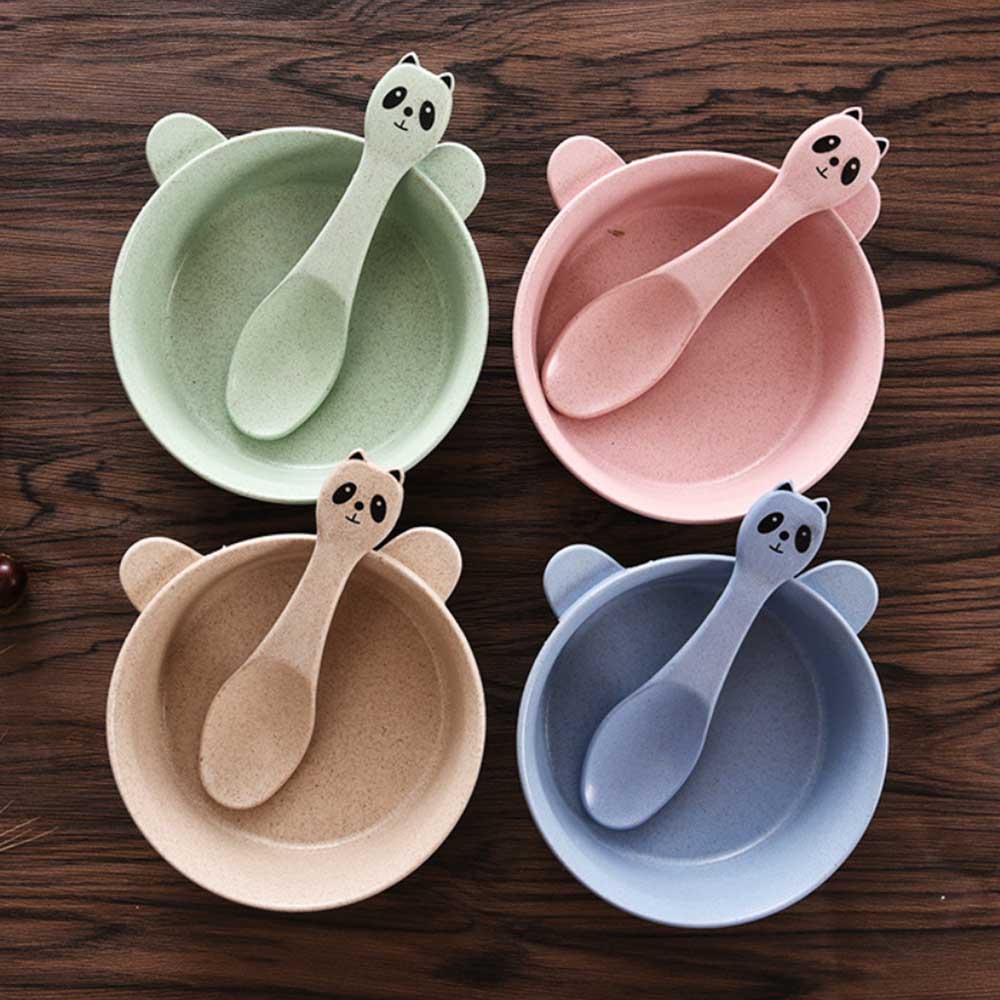 1pcs Baby Feeding Food Tableware Cartoon Panda Kids Dishes Baby Eating Dinnerware Set Wheat Stalk Anti Training Bowl Spoon