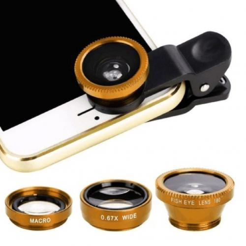 3 in 1 Mobile Phone Lens Fish Eye Lens Super Wide Angle Macro Camera Lens Kit with Clip For iPhone Samsung Xiaomi Smart Phones: Golden