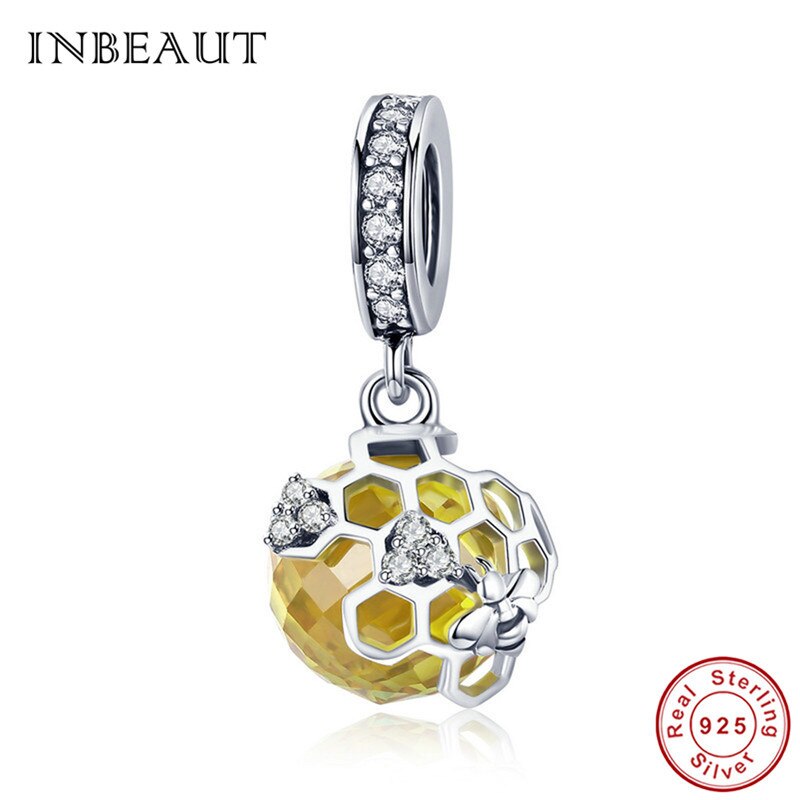 Inbeauté pingente de prata esterlina 100%, amarelo esmalte, abelha, redondo, marrom, zircônia cúbica, ninho de abelha, pulseira de marca fit: sc879