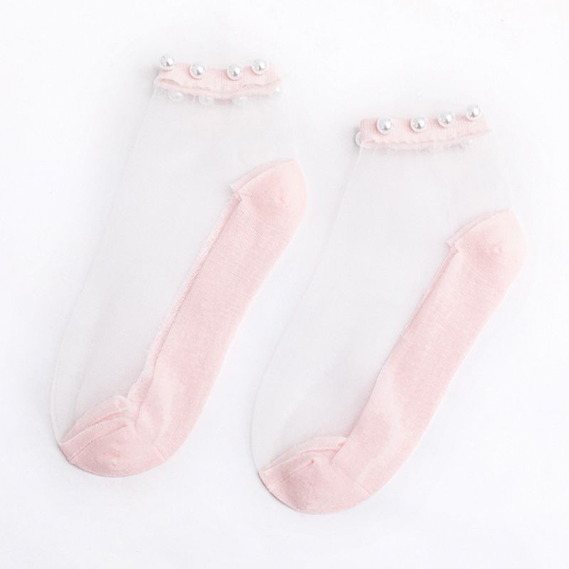 Japanse Meisjes Zomer Transparante Glasvezel Ankle Boot Sokken Imitatie Parel Kralen Top Sieraden Zoete Snoep Kleur Dunne Kousen: 2