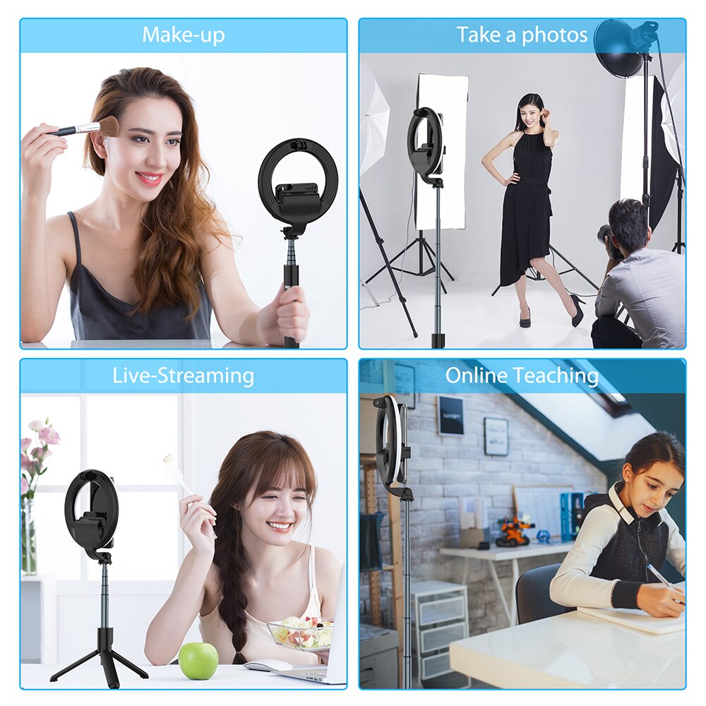 Novo sem fio bluetooth selfie vara fill-in suporte de luz telefones câmeras 2 em 1handheld selfie vara dobrável mini tripé